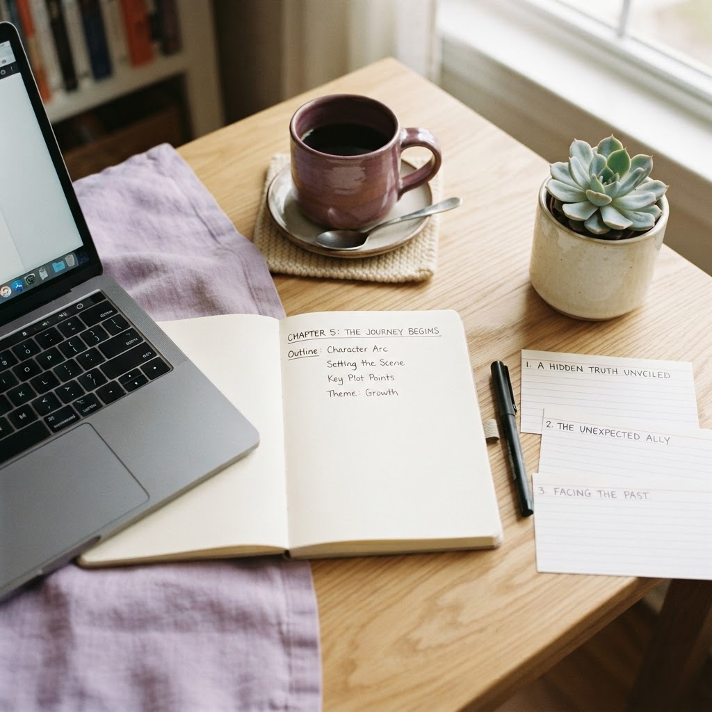 A cozy home writing workspace with a notebook of outline notes, a laptop, coffee, and index cards with headline fragments