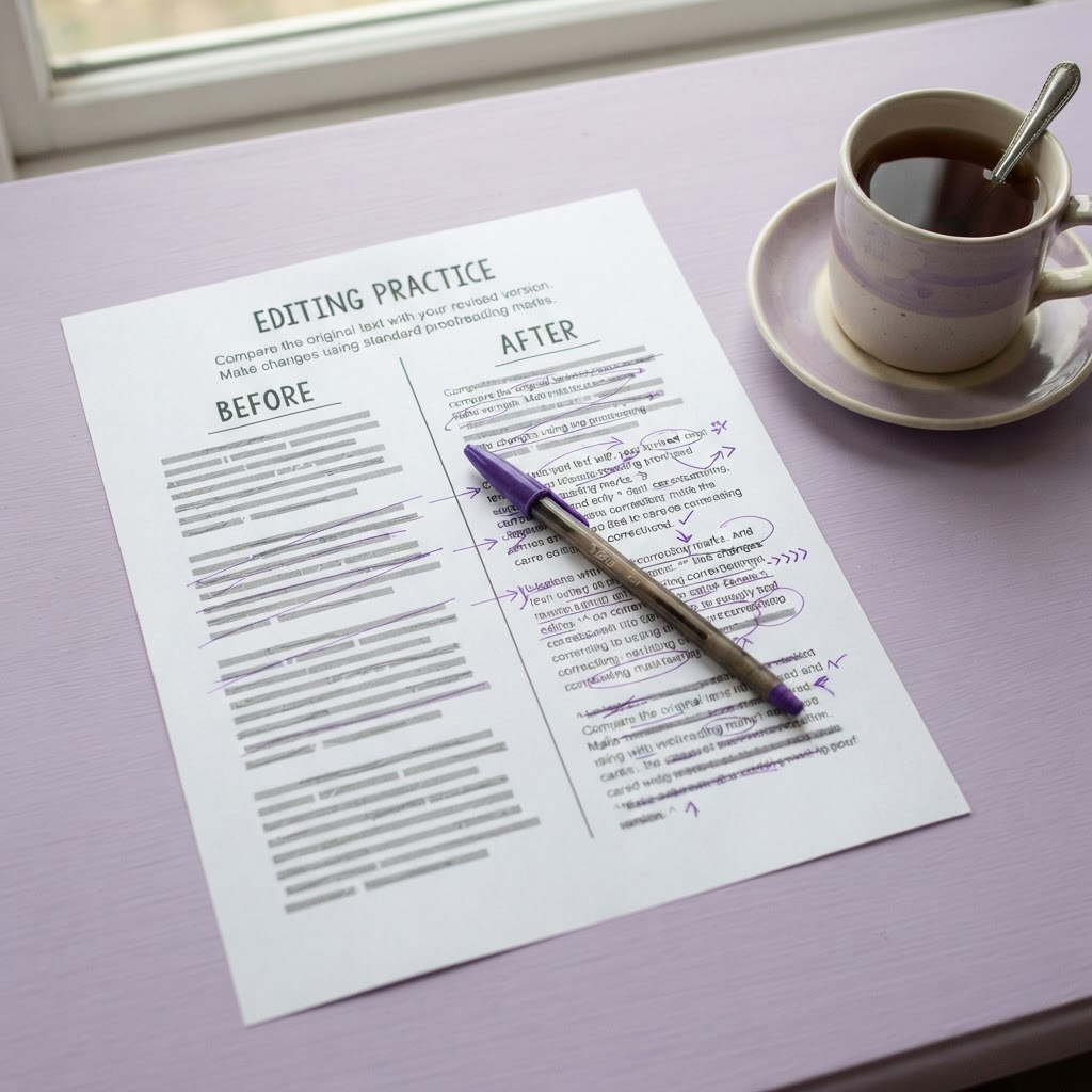 A practice worksheet showing a before-and-after copy edit exercise with pen annotations