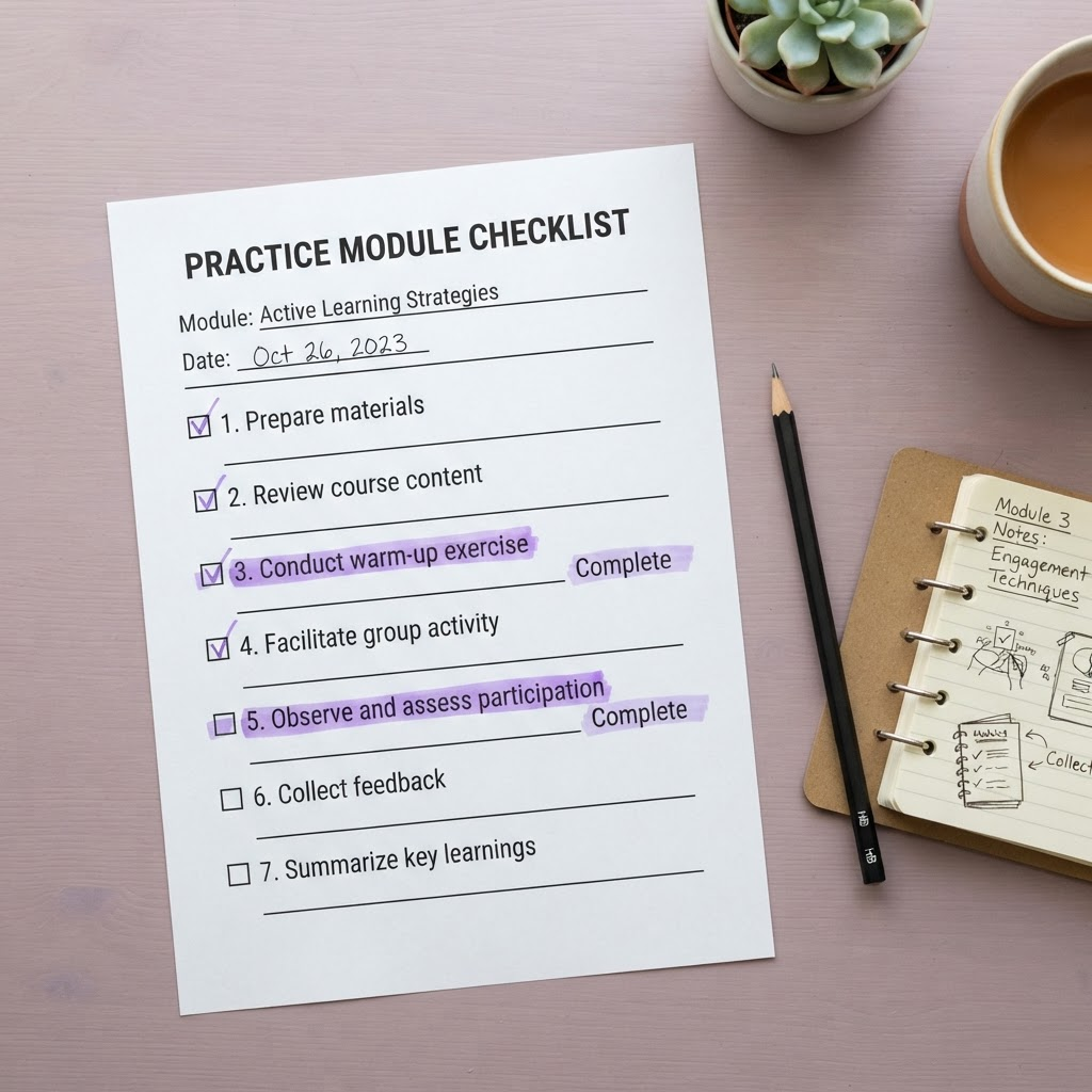 A sample module checklist worksheet from the course practice materials